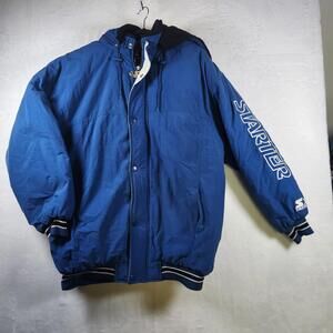Vtg‎ Starter Jacket L Blue 90s Hooded Puffer Coat Made in Korea Removable Hood